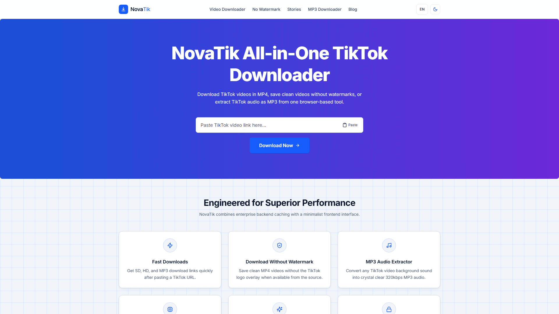 The NovaTik downloader interface with a TikTok link pasted into the search bar, ready to download