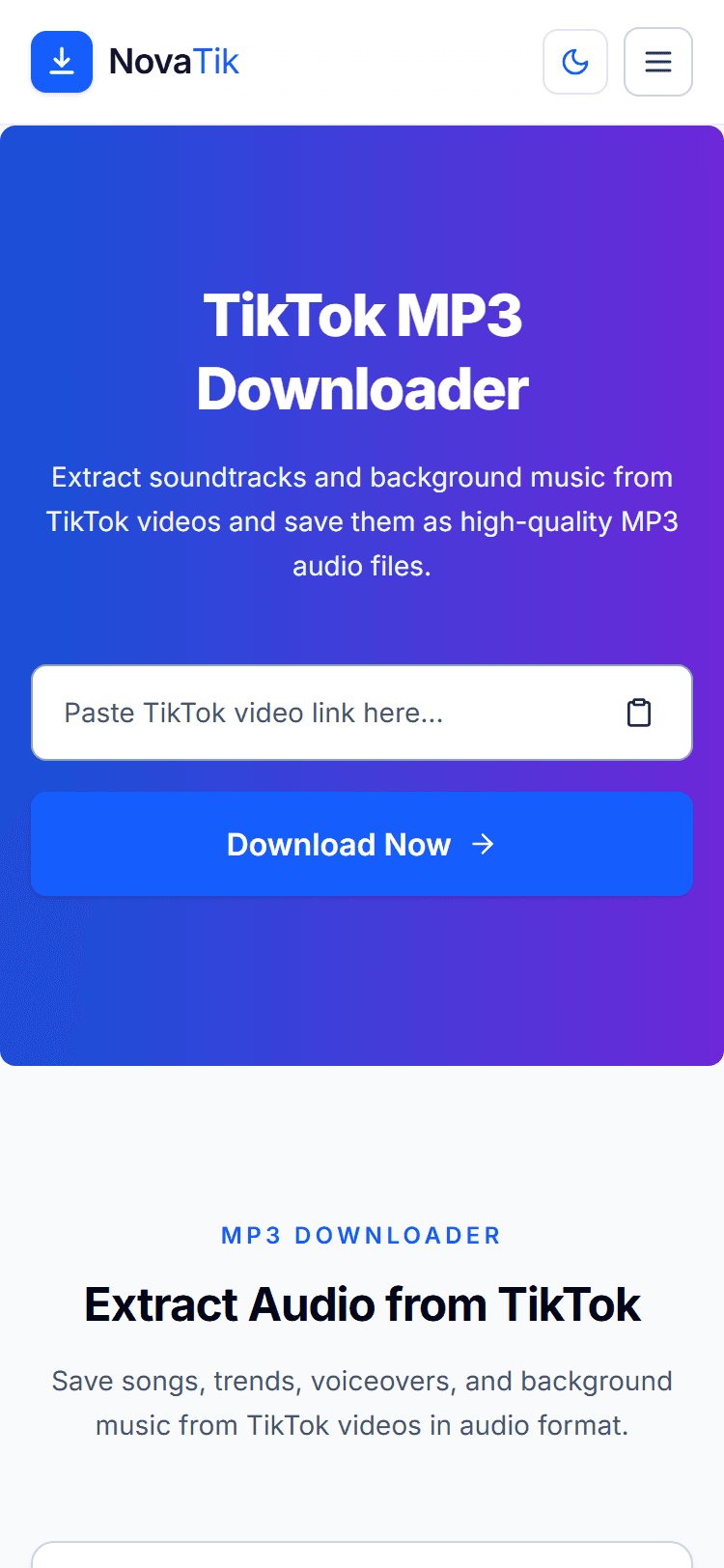 The NovaTik MP3 downloader tool on mobile, with the paste-link field and Download Now button